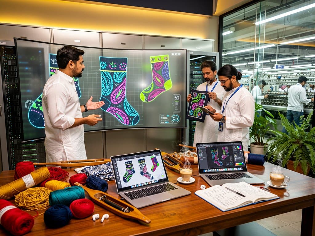 AI-generated sock patterns fusing Indian Bandhani motifs with global trends in a Ludhiana textile studio
