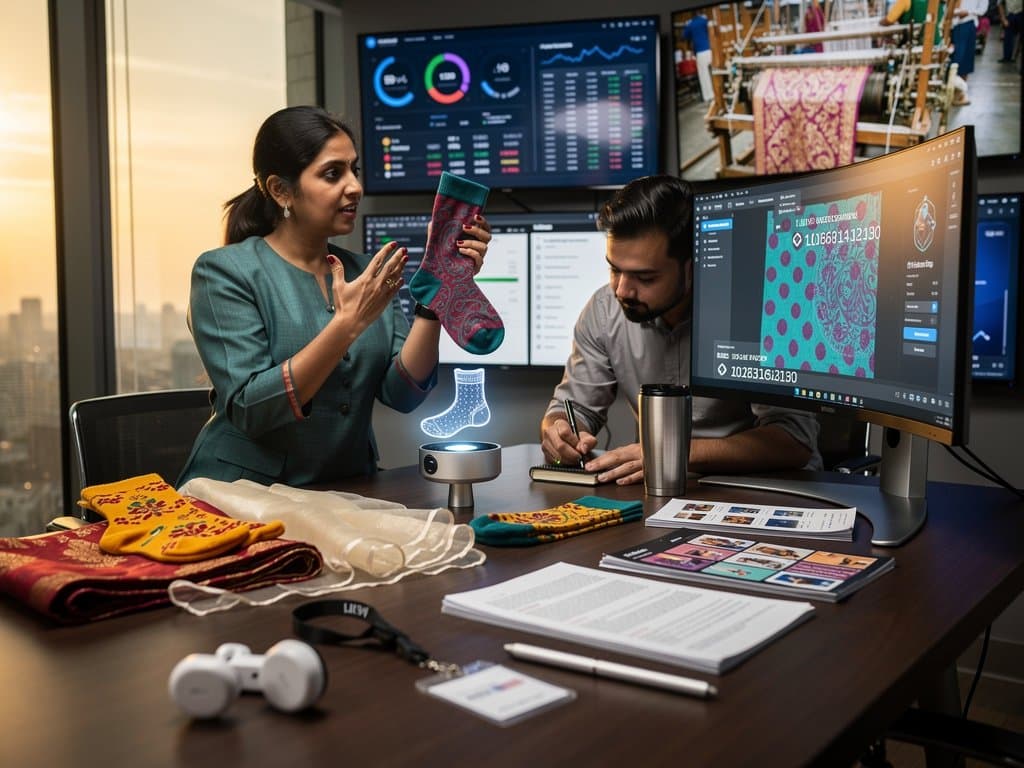 Engineers and designers in Google DeepMind lab review AI-generated South Asian sock patterns on multi-monitor setups amid servers and glass partitions