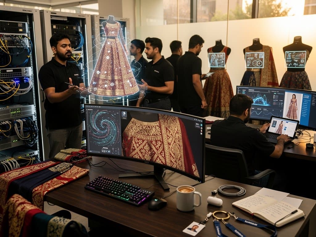 Neural network graphs and AI-generated South Asian textile patterns on monitors in a modern fashion tech lab