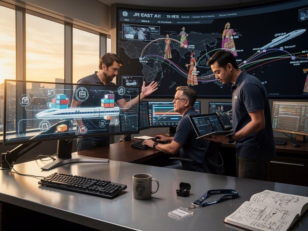 JR East AI control center screens show Shinkansen and South Asian fashion logistics maps with city skyline view