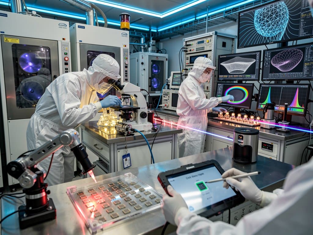 NIST cleanroom with photonic wafer, multicolored laser beams, and spectral monitors on optics benches