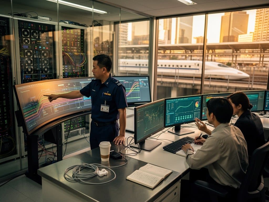 JR East control center with Shinkansen and South Asian fashion logistics on high-tech screens overlooking Tokyo station