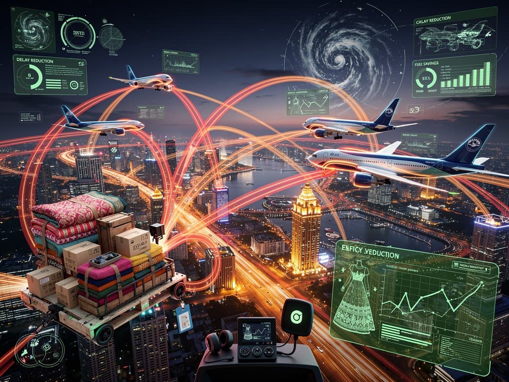 AI-optimized flight paths from Indian airports to global hubs, highlighting reduced cargo delays for fashion textiles