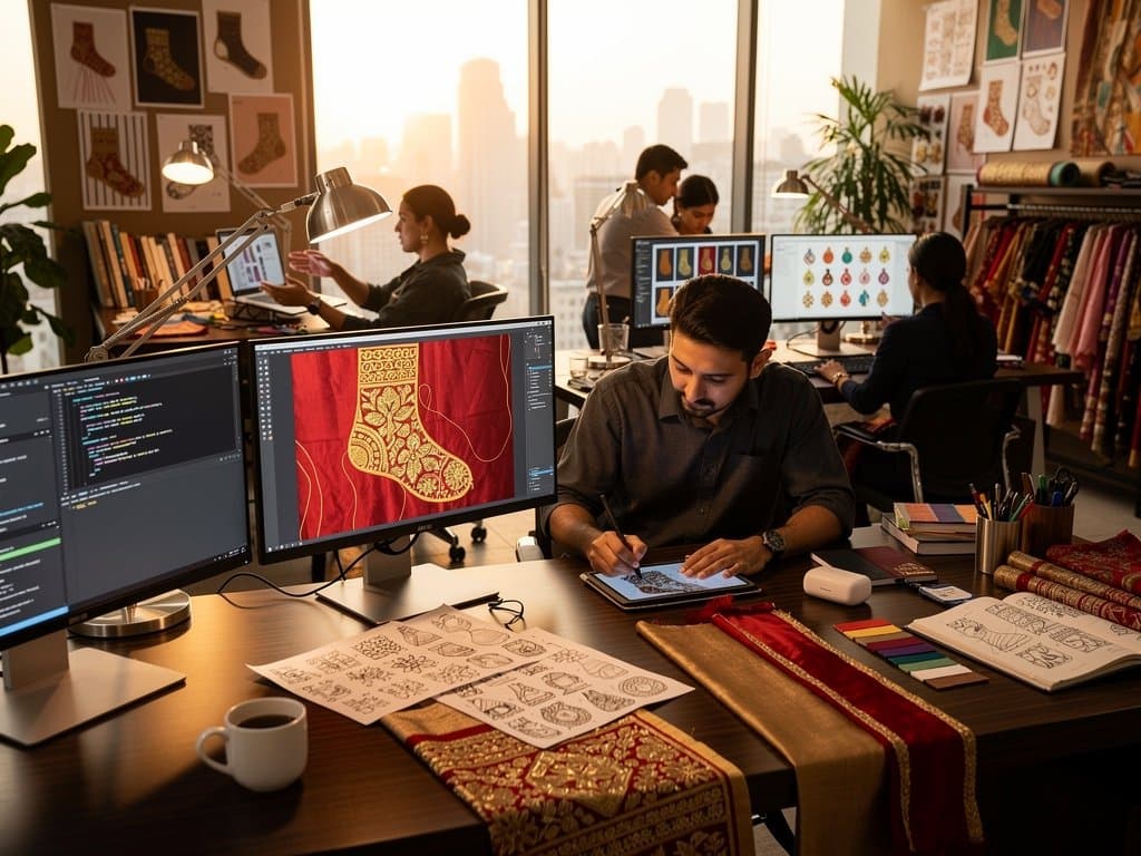 Digital workspace with Excalidraw jooti sock pattern sketch amid textile swatches and code screens