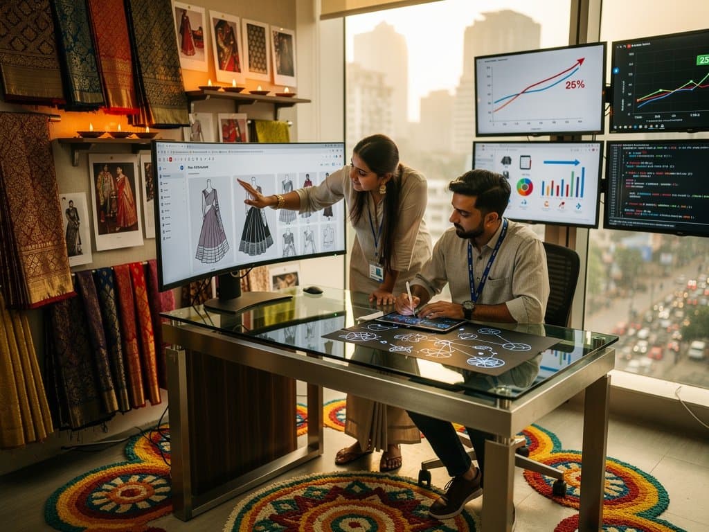 AI-generated saree sketches on browser screens showcasing pleats and ethnic designs in modern tech interface