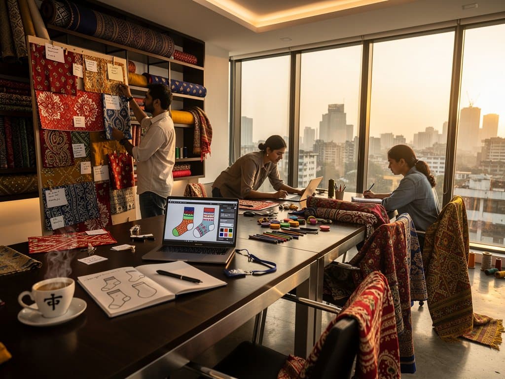 South Asian designers collaborate on AI-generated ethnic sock patterns via browser Prompt-to-Excalidraw amid textile swatches in Mumbai studio