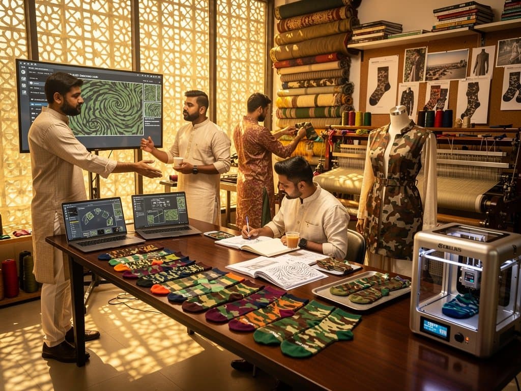 South Asian designers in Mumbai studio develop AI camo sock prototypes blending drone tech with khadi textiles