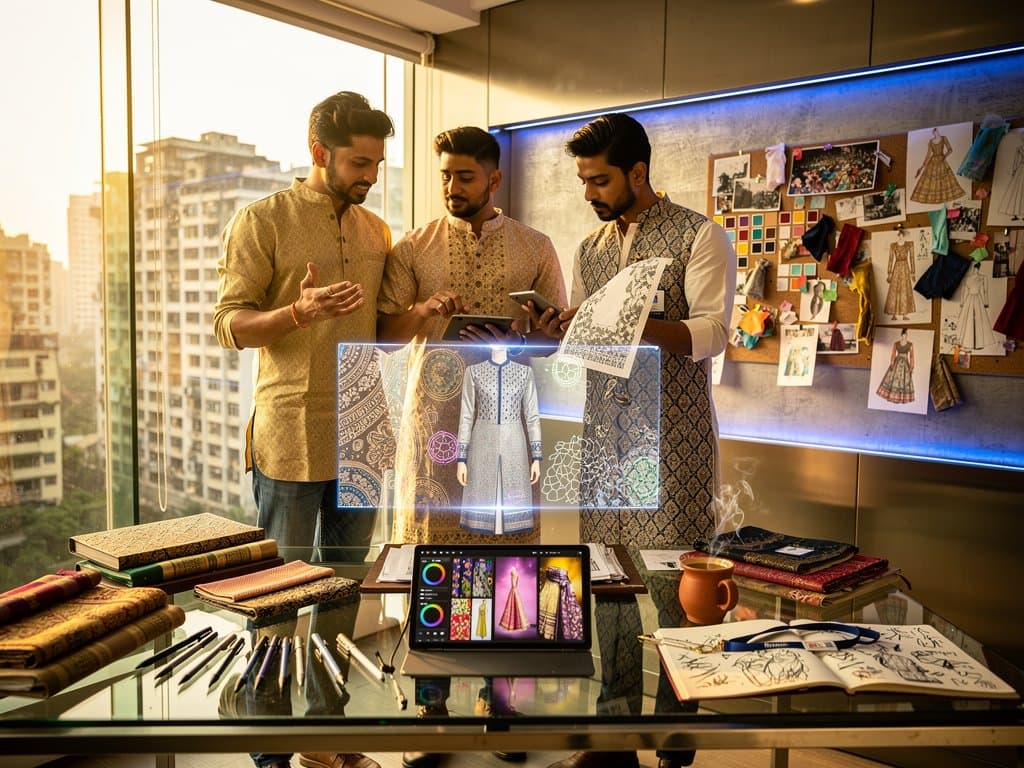 Mumbai fashion studio with AI-generated South Asian textile patterns on holographic display amid design tools and fabrics