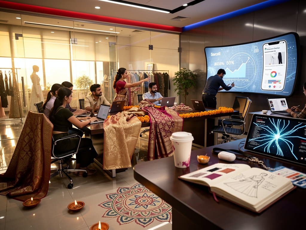 Abstract fusion of em-dashes on Indian fashion sketches, AI scanners, and blockchain motifs highlighting dashes ChatGPT usage detection