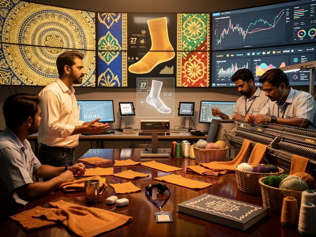 AI textile patterns on screens blend with traditional South Asian knitwear looms in Tirupur-inspired studio