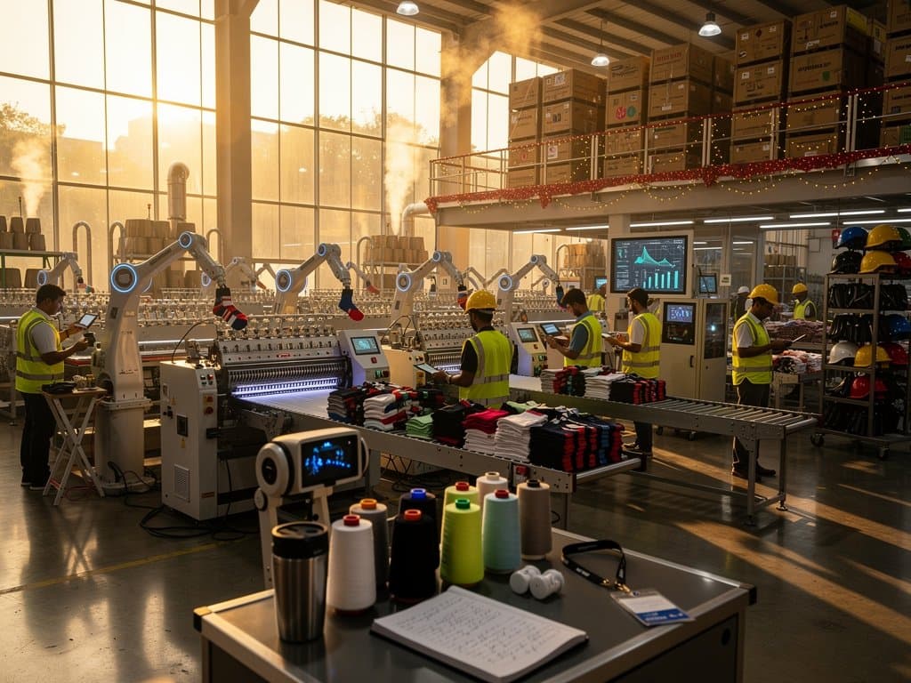 Robotic arms knit socks in Dhaka factory with AI monitors and export crates for Indian fashion
