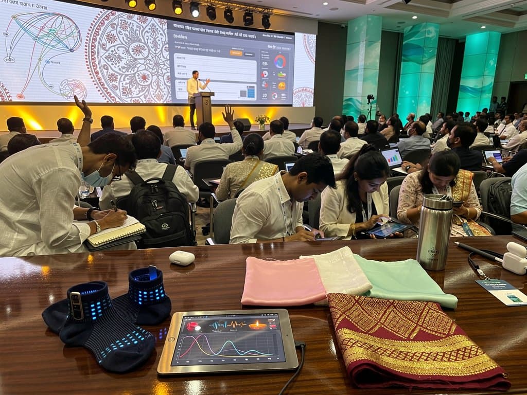 Smart sock prototype with sensors amid South Asian handloom fabrics at AI healthcare conference