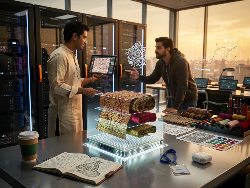 AI-generated South Asian textile designs on Cerebras CS-3 chip displays in innovative lab setting