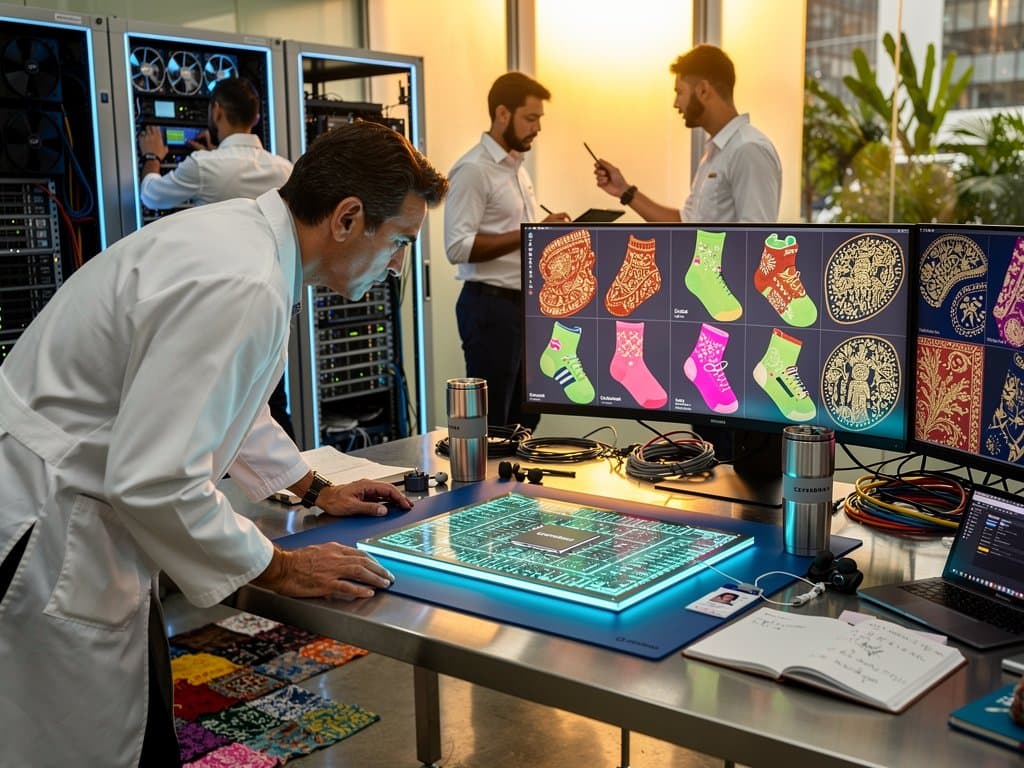 AI lab technicians handle Cerebras wafer-scale chip with screens showing South Asian-inspired custom sock designs amid server racks