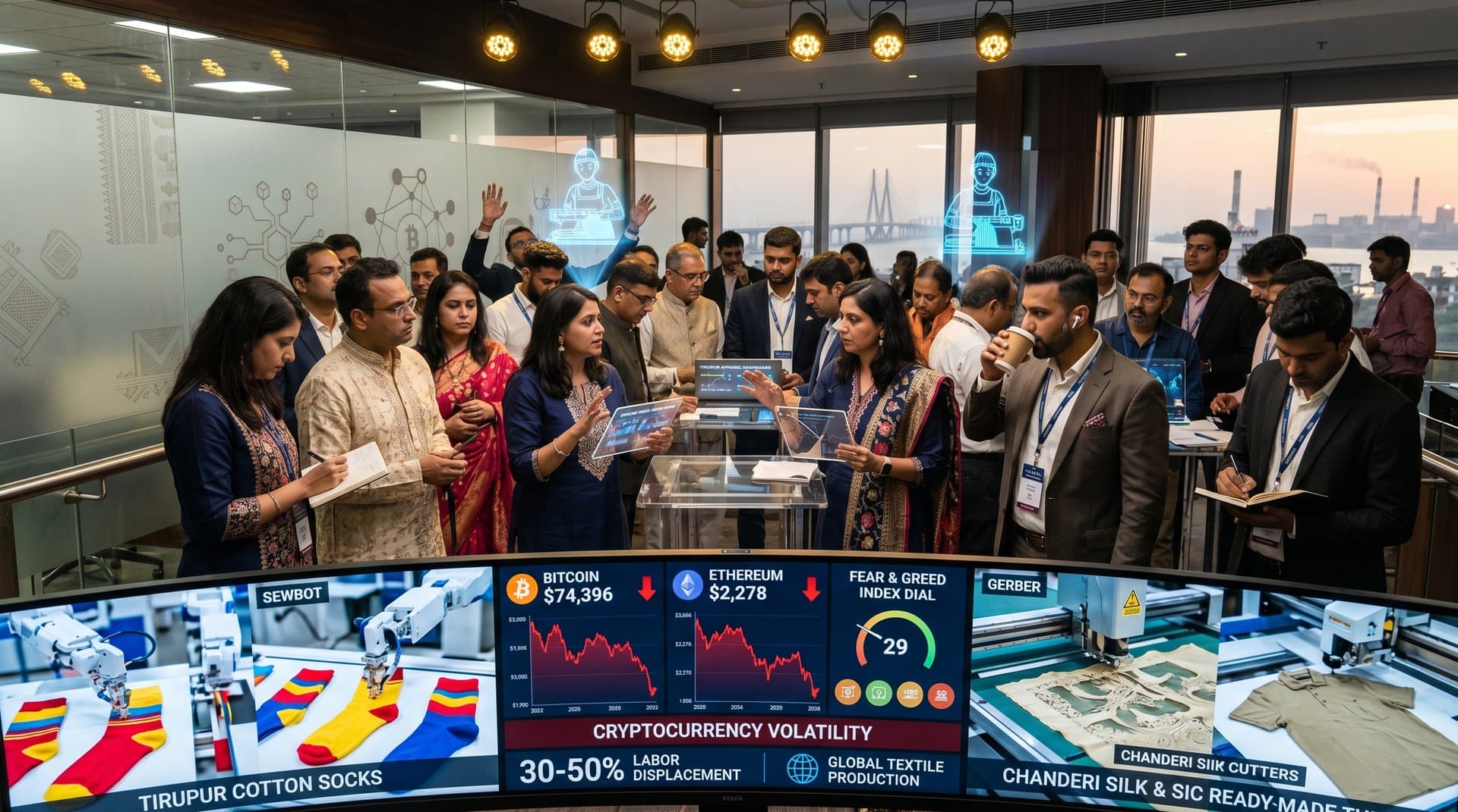 Screens display AI automating South Asian garments with crypto charts and Fear Index amid job cut concerns in fashion tech forum
