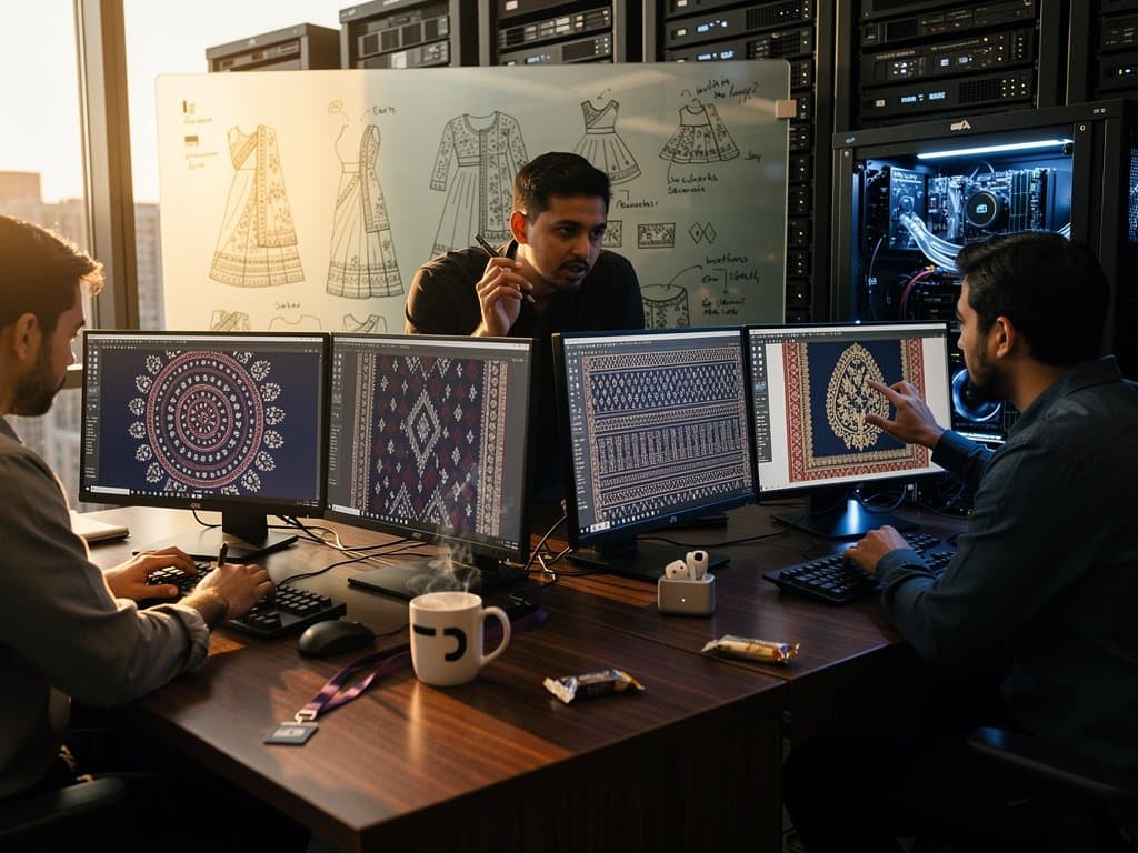 AI-generated South Asian textile patterns like bandhani and ikat on multi-monitor lab setup with GPU servers