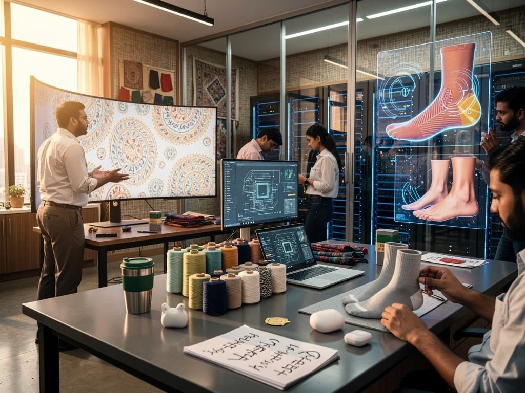 AI lab displays sock pattern simulations with South Asian motifs and textile tech visuals