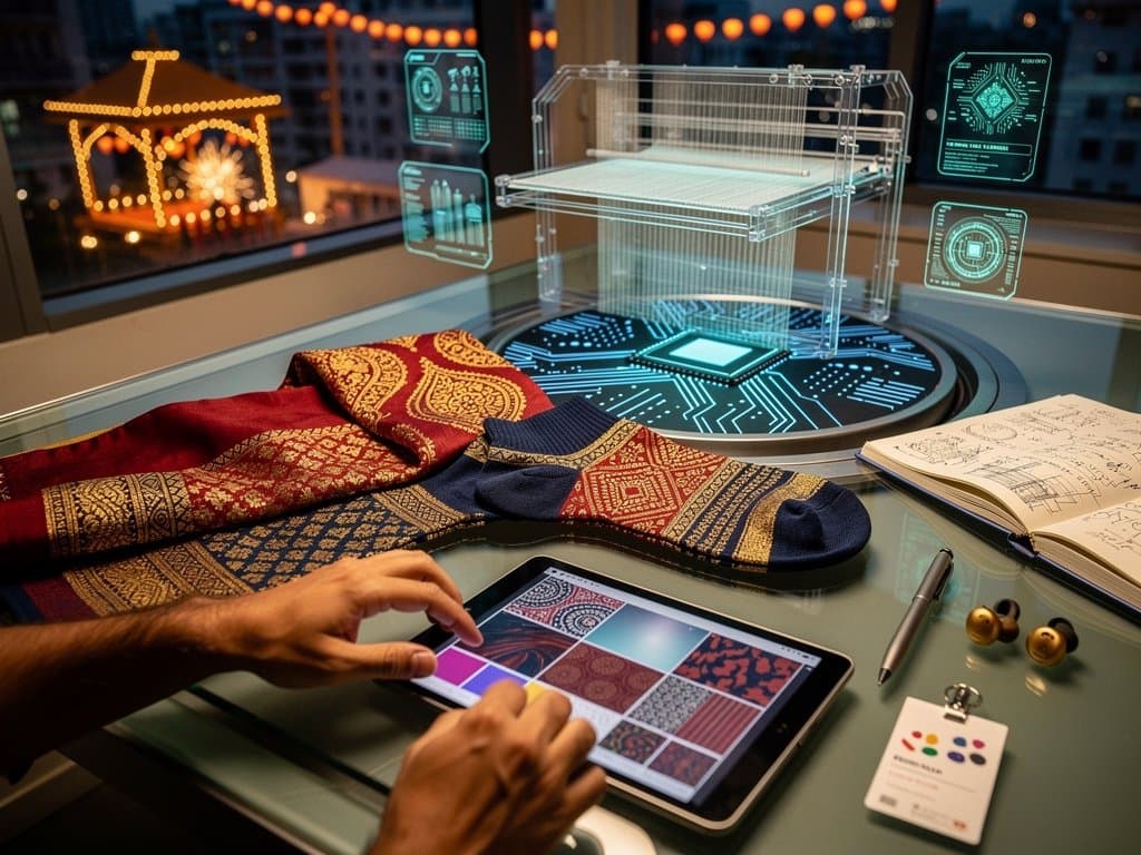 AI wafer-scale chip rendering intricate ethnic sock designs with paisley, block prints, and Mumbai skyline fusion