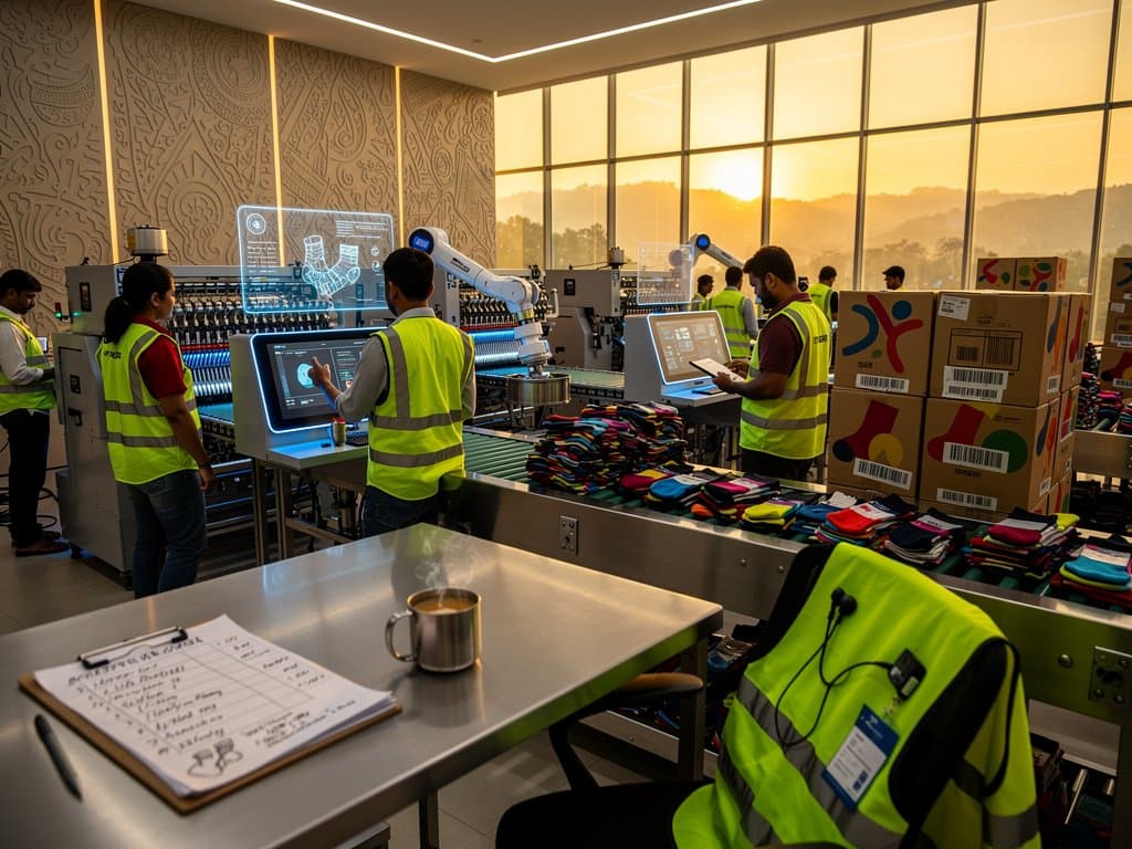 AI knitting machines and workers in Tirupur sock factory, highlighting automation and reskilling