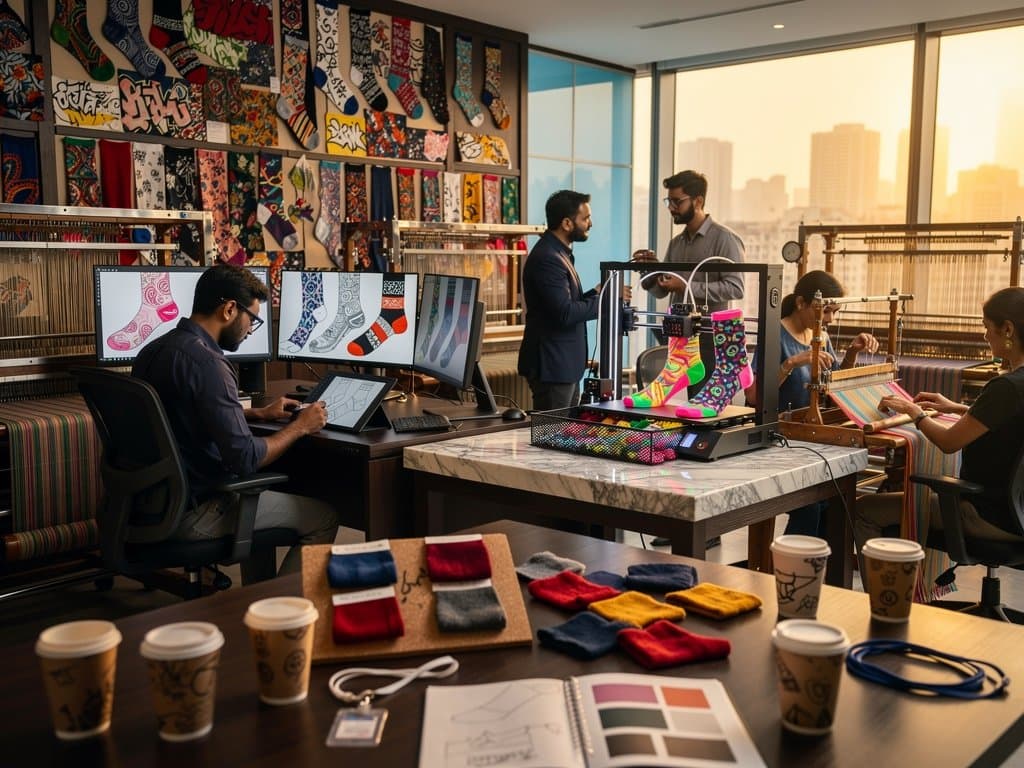 Indian designers review AI sock designs blending Desi bandhani patterns and streetwear in a vibrant Mumbai studio