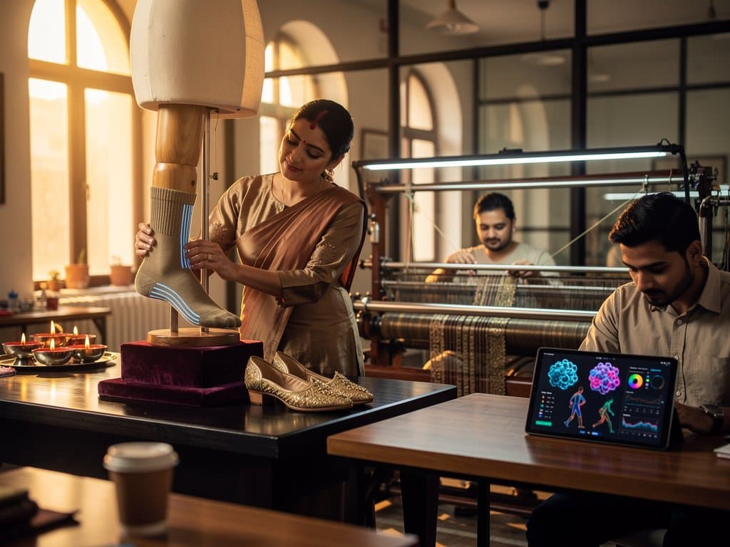 Stylish smart socks with sensors in Chanderi weave on jutti-clad mannequin foot amid AI protein models, Myntra app, and fashion atelier elements