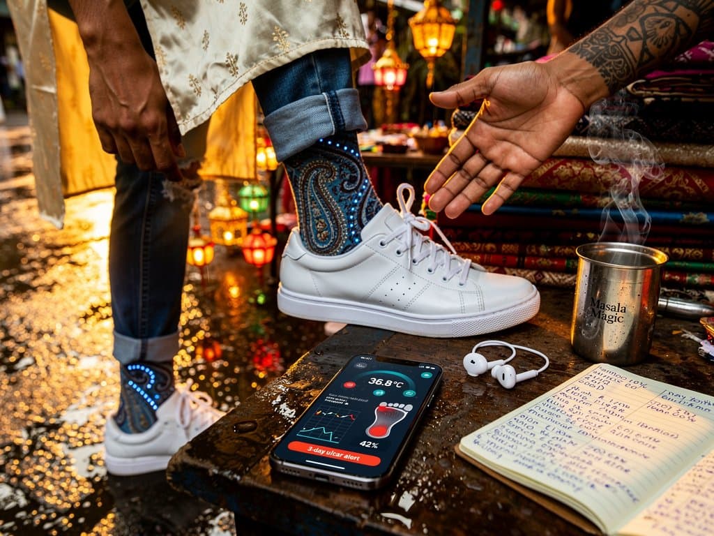 Stylish smart socks with sensors and Indian motifs on urban street, app showing health data