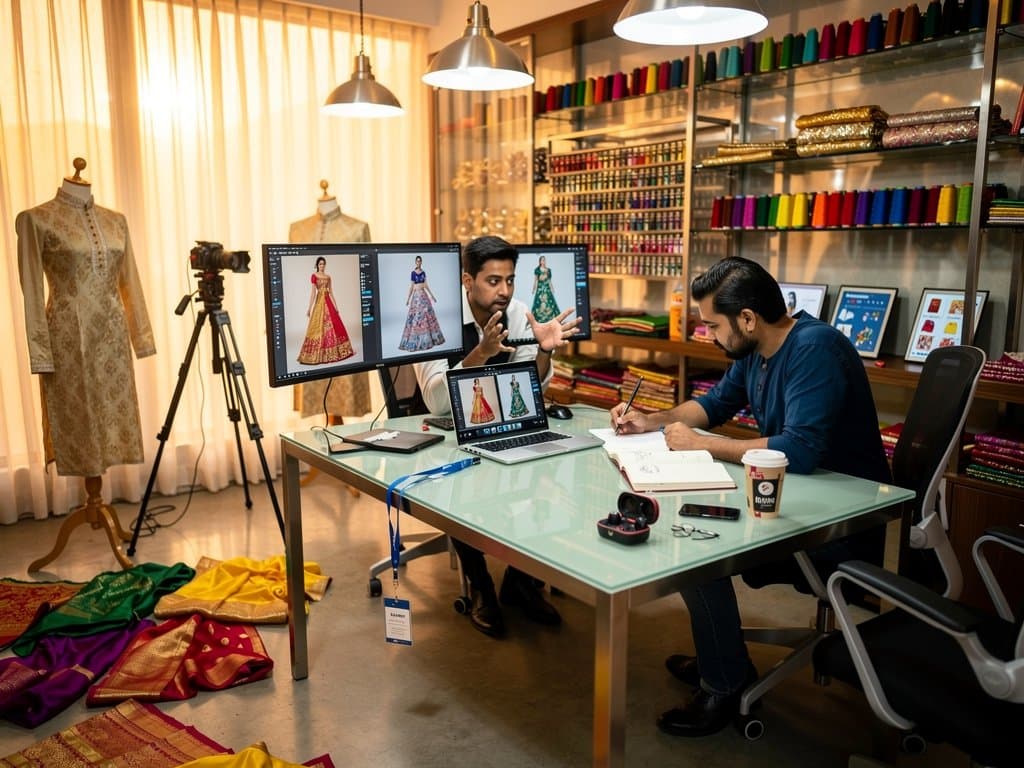 South Asian fashion studio showcasing AI product insertion on monitors with lehengas, sarees, and kurtas amid fabric swatches and design tools