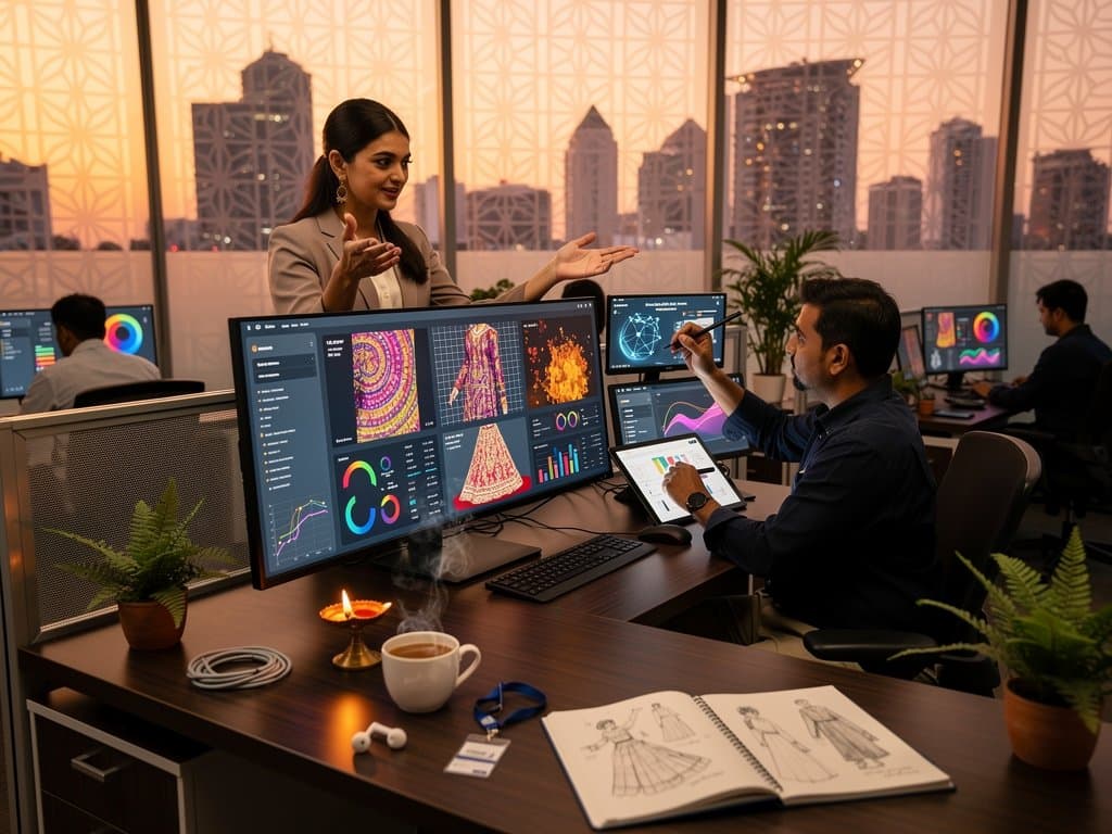 AI dashboard visualizes South Asian fashion trends like Banarasi silks and lehengas in modern Mumbai office