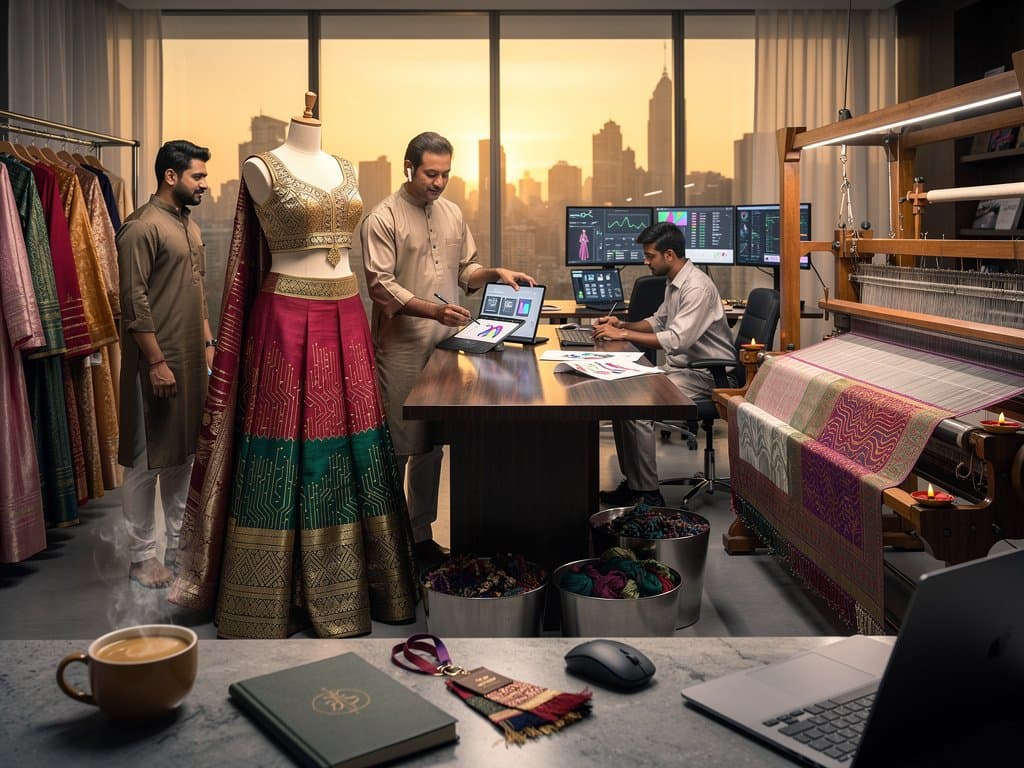 AI-generated lehenga patterns blending music waveforms with traditional Indian silk motifs in a modern atelier