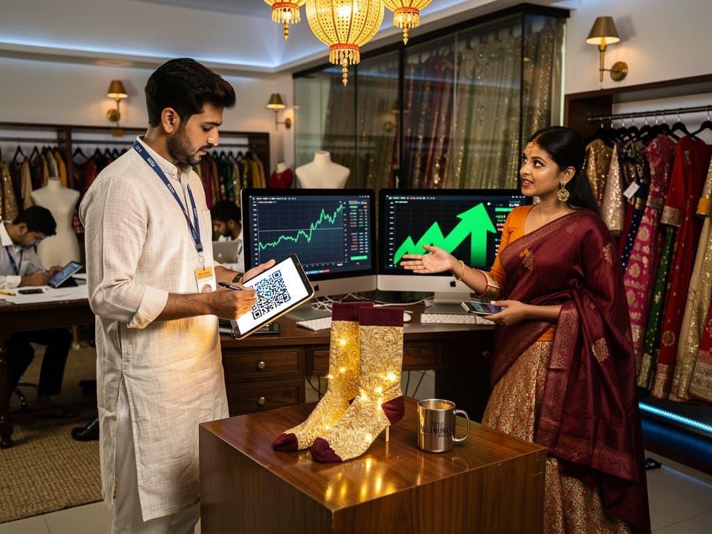 Luxury silk-blend socks with blockchain QR code and BTC chart at $75,764 in Indian fashion studio