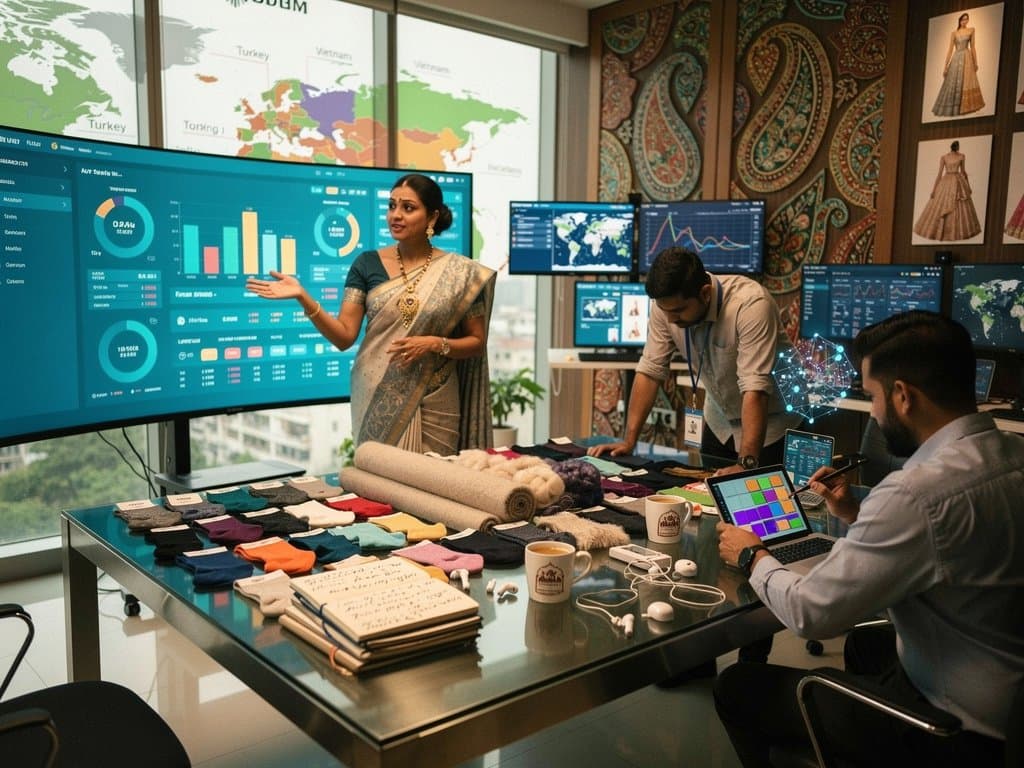 Mumbai fashion office screens show stablecoin crackdown charts amid sock fabrics and supply chain maps