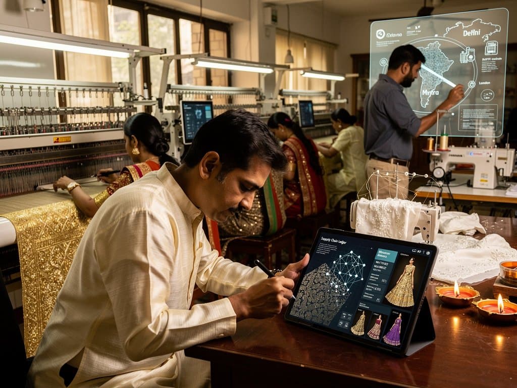 AI-generated Banarasi patterns on tablet with blockchain ledger, surrounded by Indian textile swatches like Chanderi silk and zari threads in modern studio