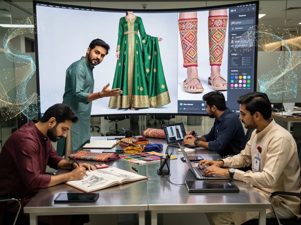 AI screen showing personalized Kanjeevaram saree and ethnic socks with phulkari motifs in festive e-commerce studio