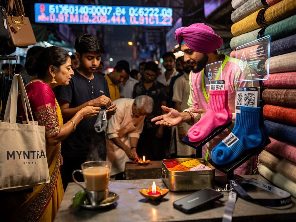 Mumbai streetwear stall with blockchain socks, NFT displays, BTC $75k ticker and Fear index 33