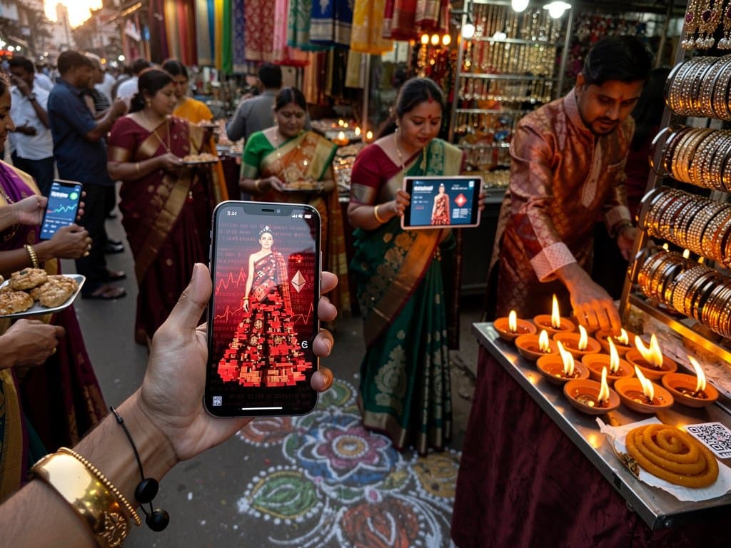 Glitching NFT lehenga on smartphone in Mumbai Diwali market with BTC $75,911 charts and Fear Index 33