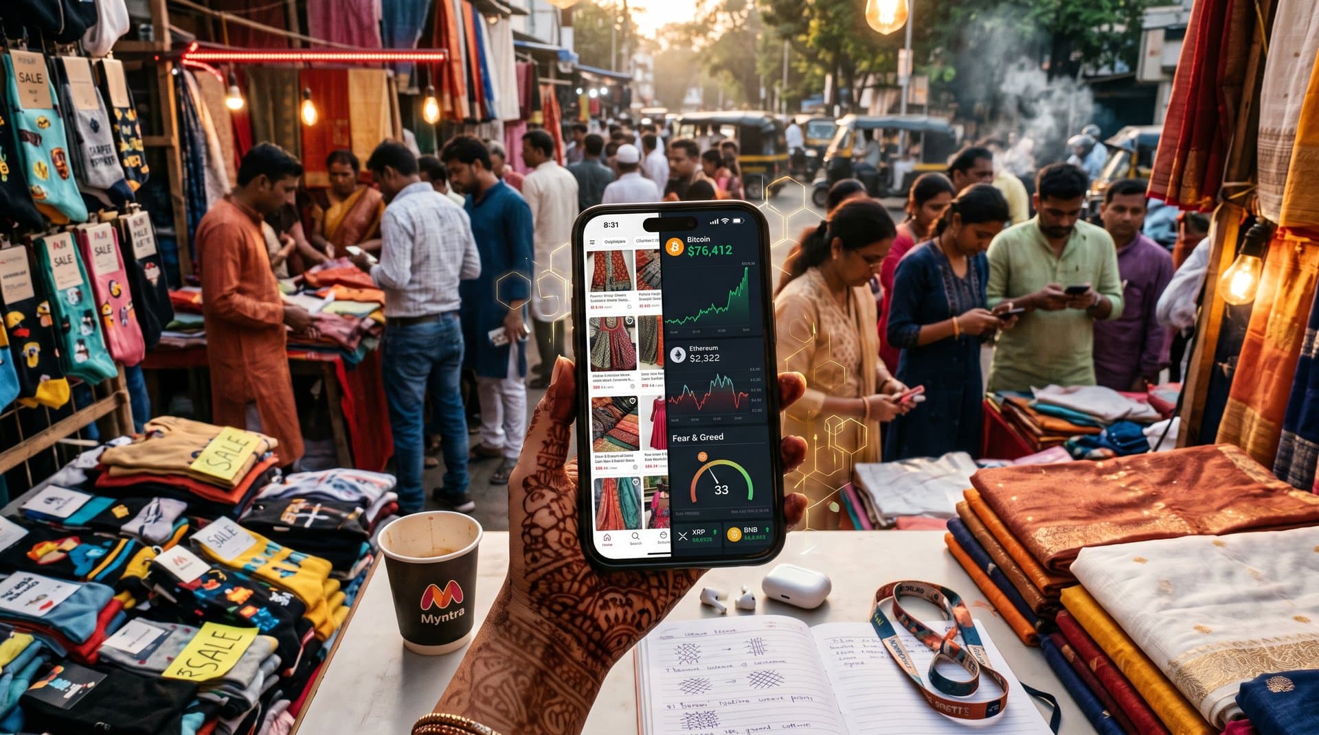 Split smartphone screen: Myntra handloom cottons and sneakers beside crypto charts with BTC $76,412 USD, Fear & Greed 33, Mumbai Diwali market blurred background