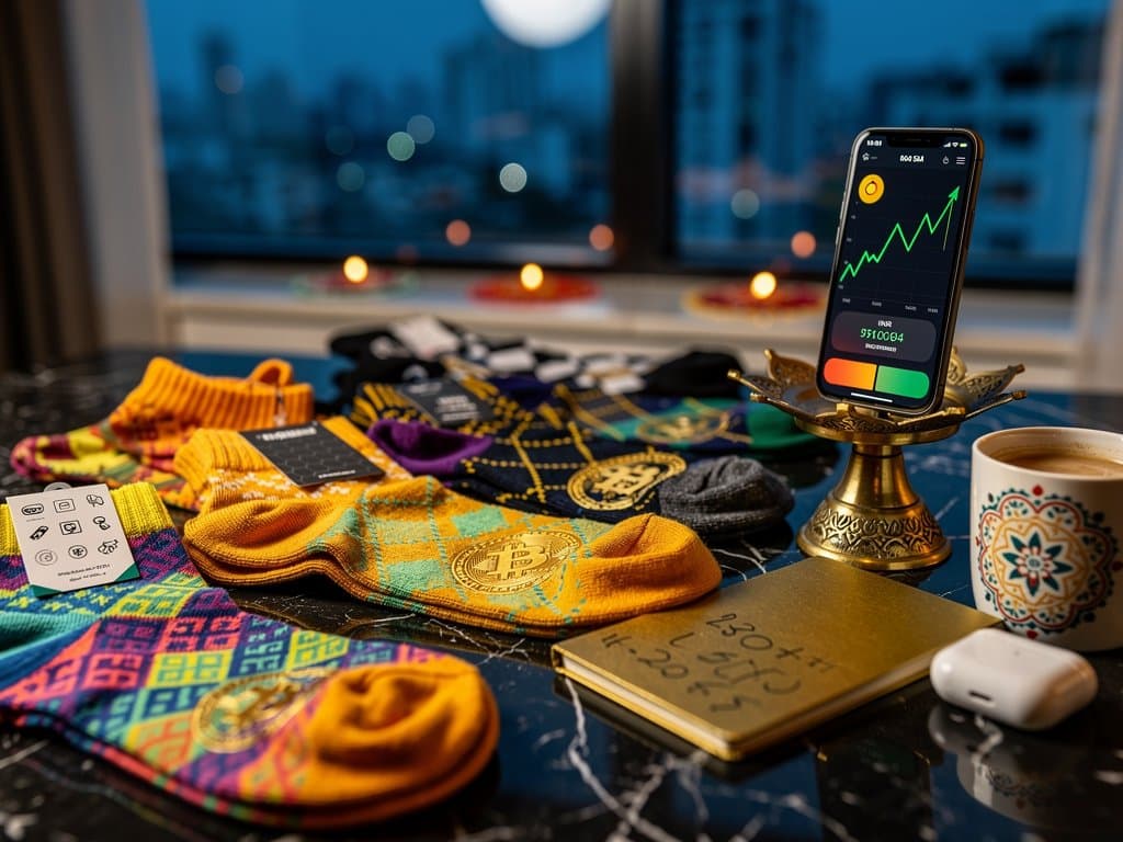 Luxury handloom socks with Bitcoin motifs and price chart on smartphone, Indian festive backdrop
