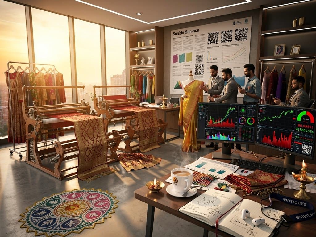 Mumbai atelier with handloom silks, NFT charts, and Fear & Greed Index showing South Asia fashion crypto pivot