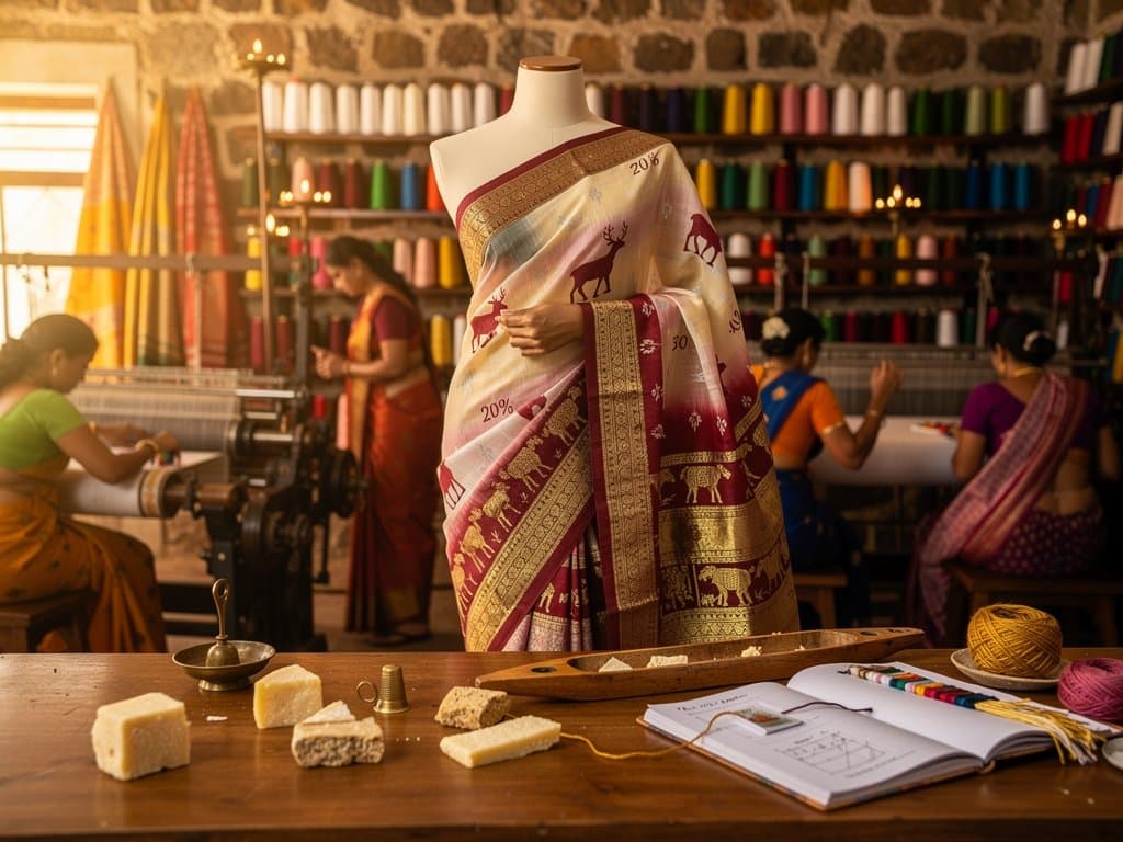 Maheshwari saree with Periodic Map of Cheese AI patterns in ikat and bandhani, pastel yak to bold reindeer motifs on silk