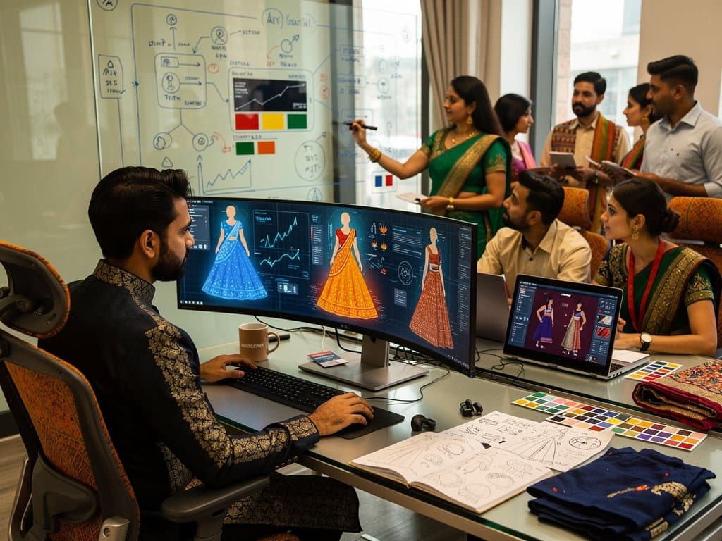 AI researchers analyze mouse movement heatmaps in modern Meta lab with glowing servers, data screens, and fashion design overlays