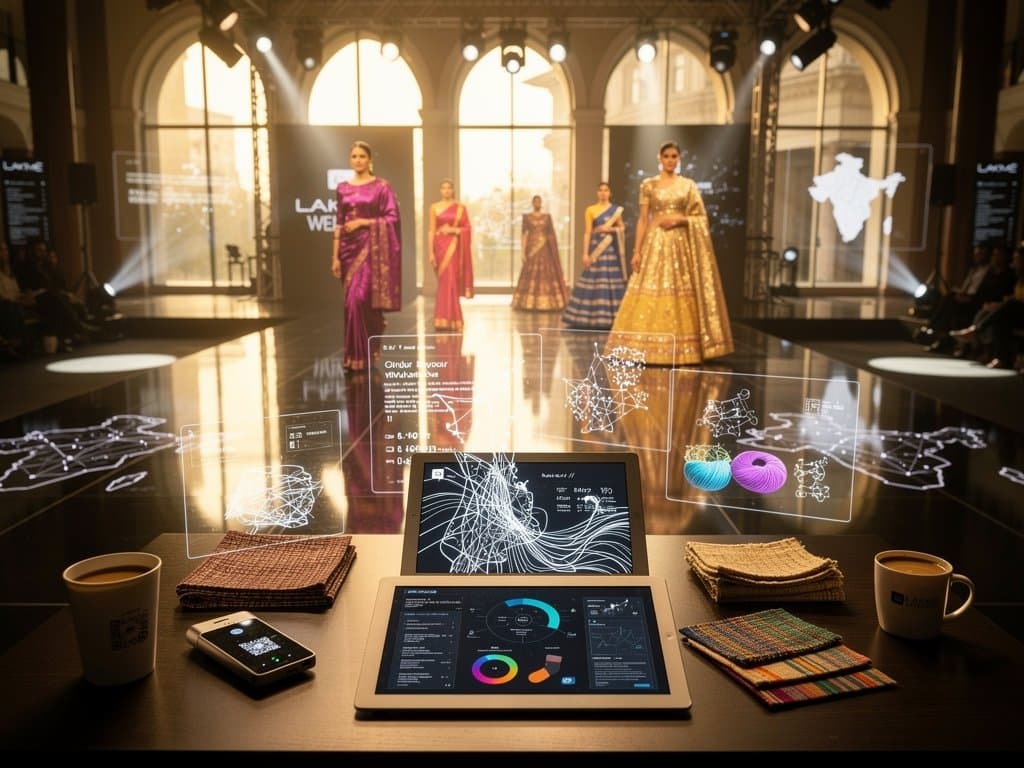 Lakme Fashion Week runway with blockchain NFT sock visuals, models in South Asian attire, tech-fashion audience