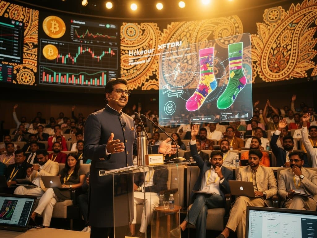 Futurist on stage with blockchain hosiery visuals, NFT patterns, Indian textiles, and crypto charts amid fashion tech audience