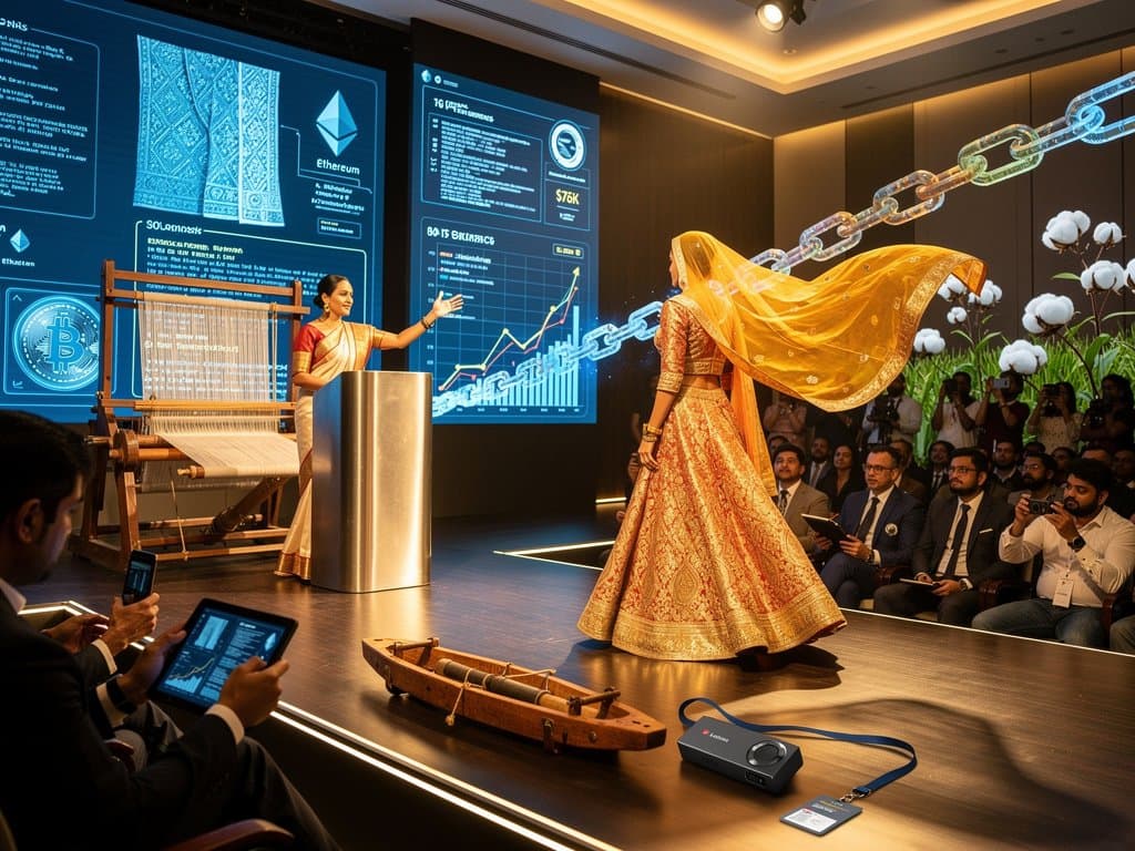 South Asian fashion runway with blockchain NFT overlays, Bitcoin surge visuals, and handloom elements on stage