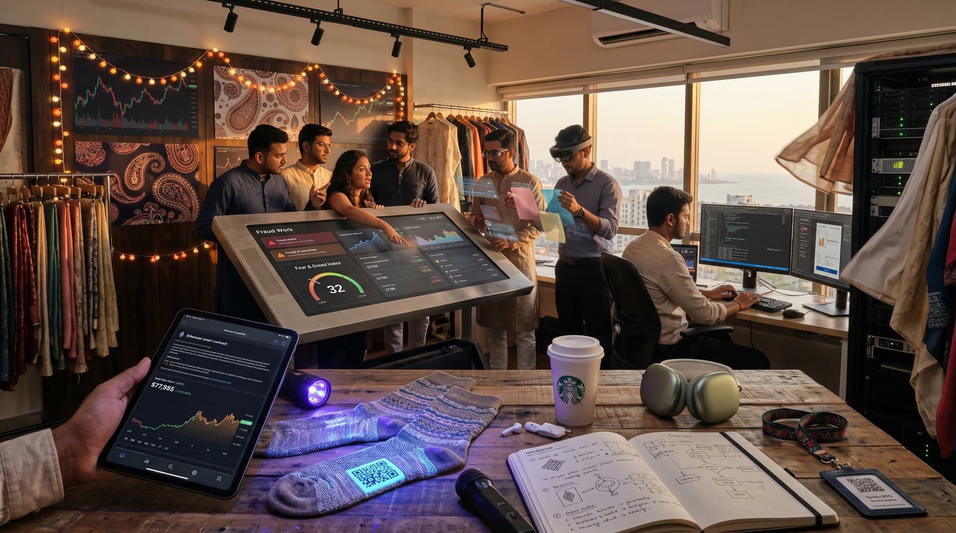 Mumbai studio blending Tirupur knitwear QR codes with crypto charts and fraud alerts in festive Indian design setting