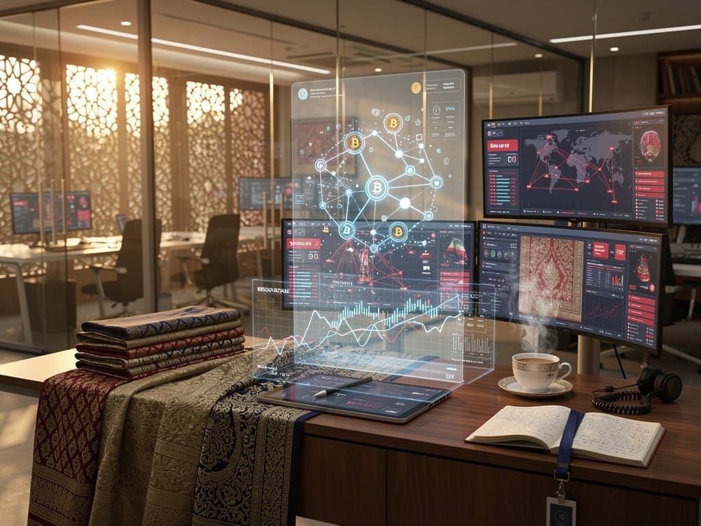 Blockchain dashboard shows Kyrgyz crypto hack disrupting textile supply chains in South Asian fashion studio with servers and fabric swatches