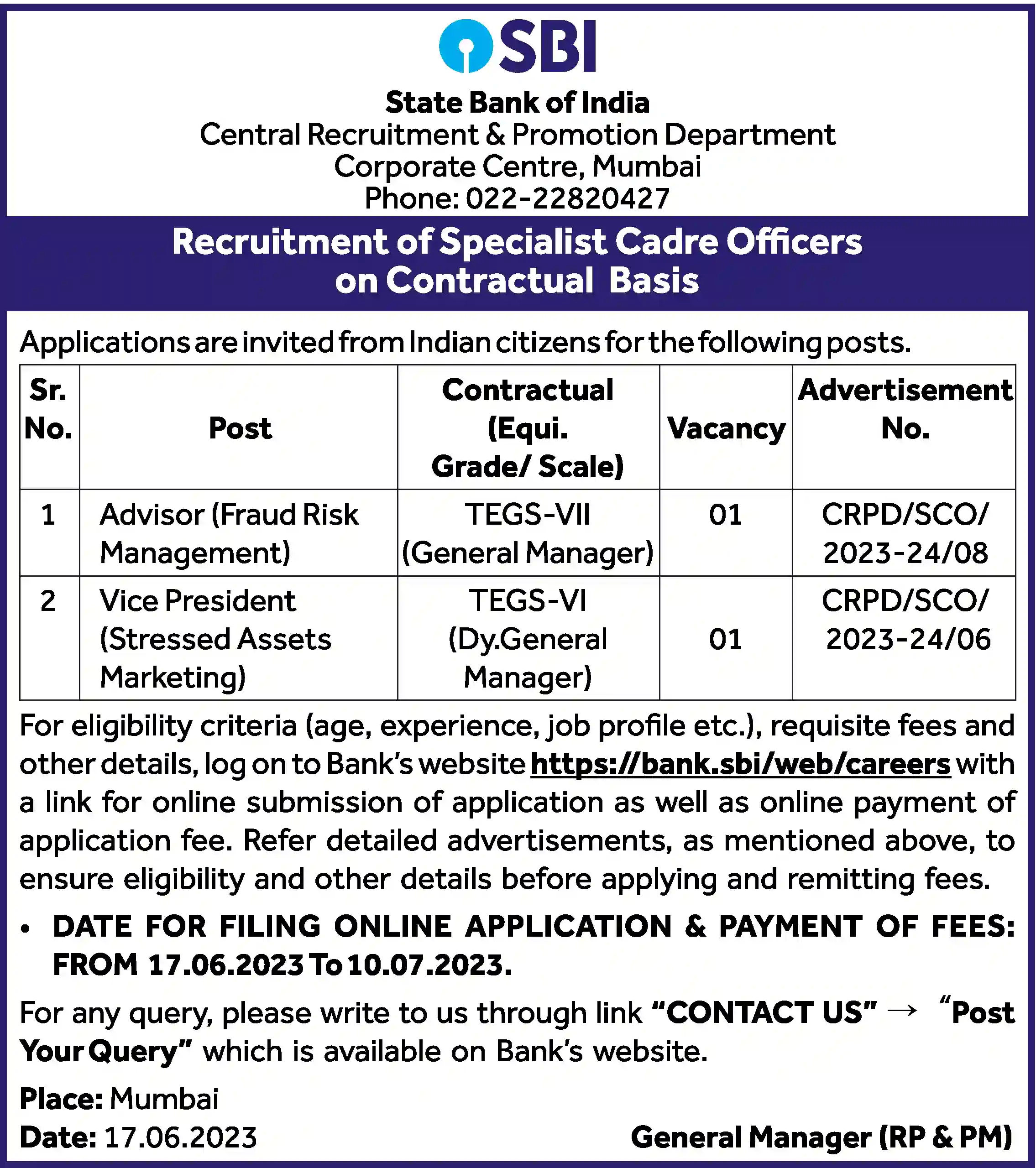 SBI Bank Recruitment ( Apply for 30 vacancies of Specialist Officer soon)